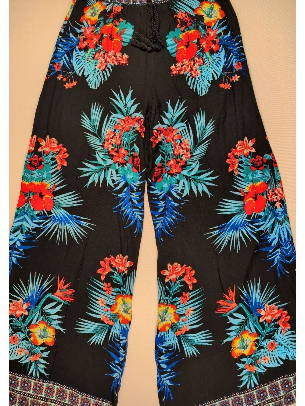 Free Market Tropical Floral Palazzo Pants Boho Wide Leg L